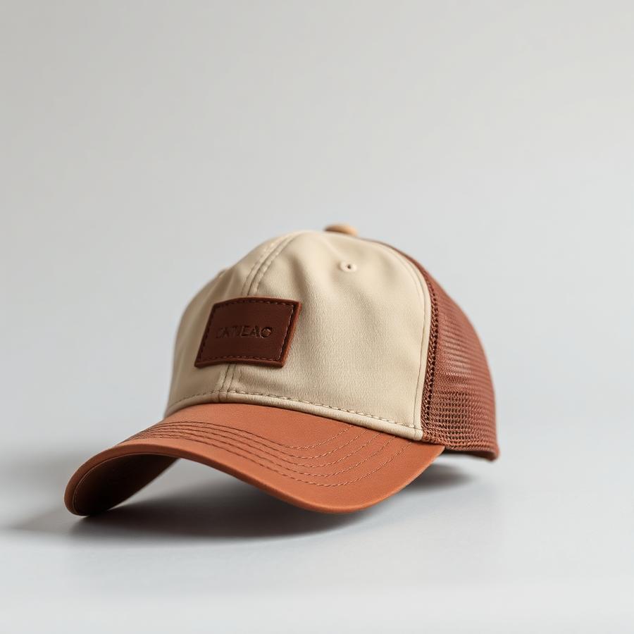 Boné Trucker Bege com Patch de Couro — produto disponível na loja Bravo Jeans